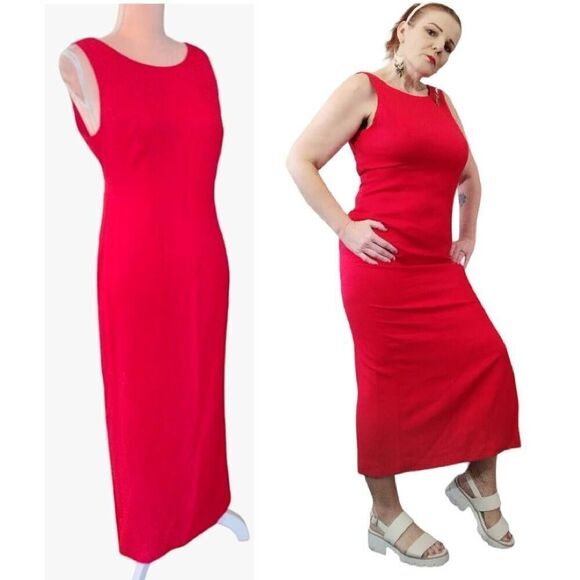 Vintage Red Sleeveless Open Back Midi Shift Dress Size 13/14 *fits like Large - Picture 4 of 14
